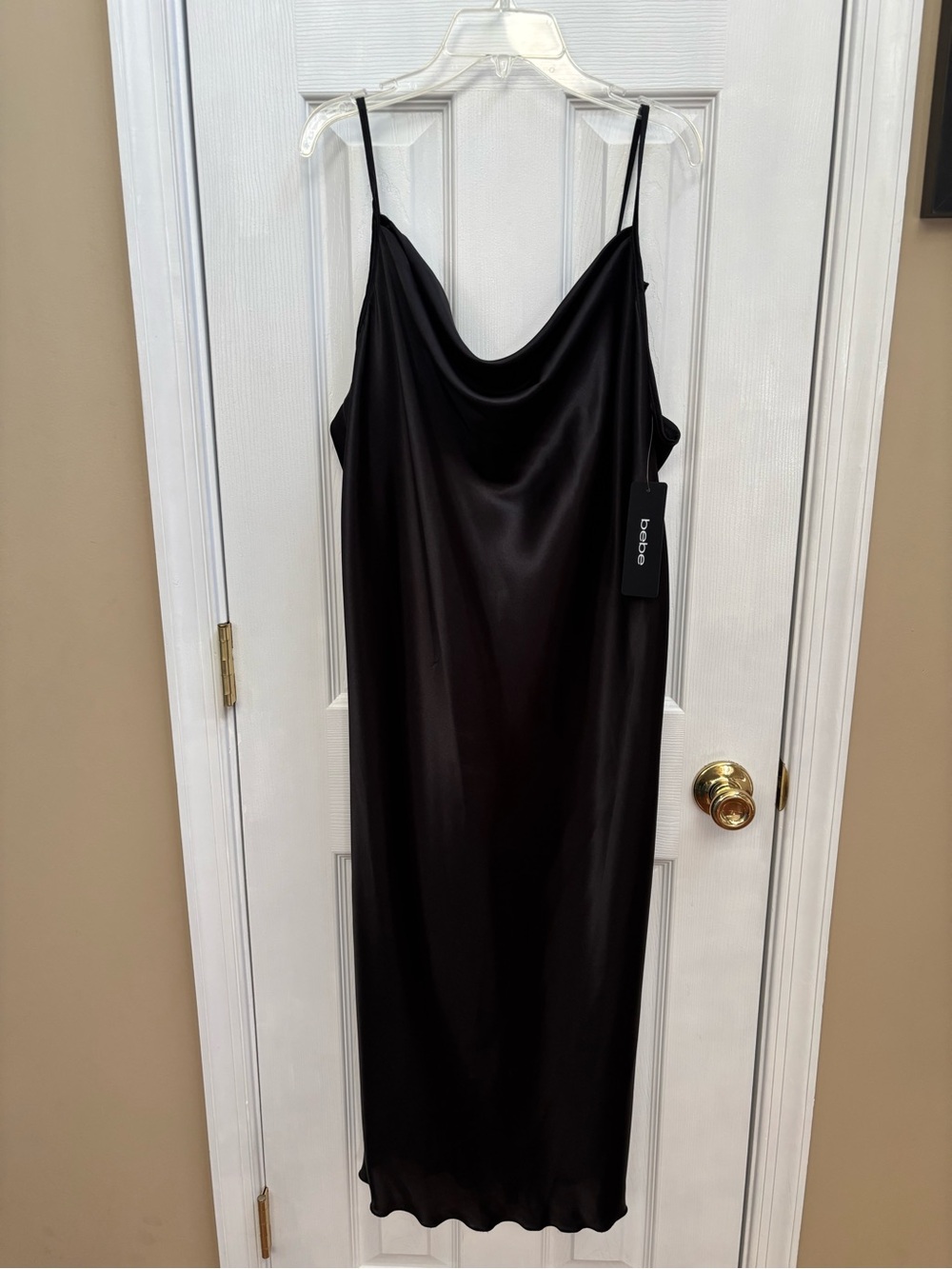 bebe Black Satin Like Cowl Neck Sleeveless Midi Slip Dress, Size XL, NWT - Picture 2 of 5